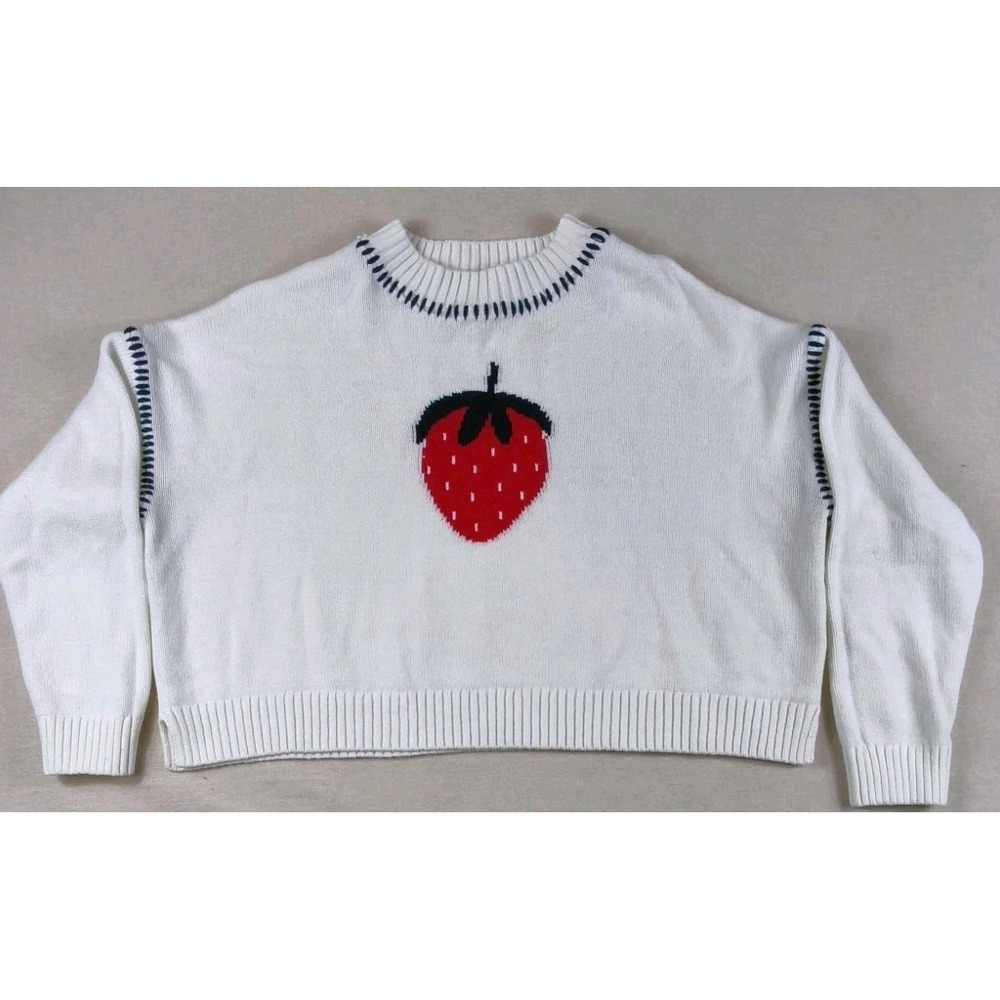Jessica Simpson exposed crossstitch strawberry print offwhite sweater sz xsmall